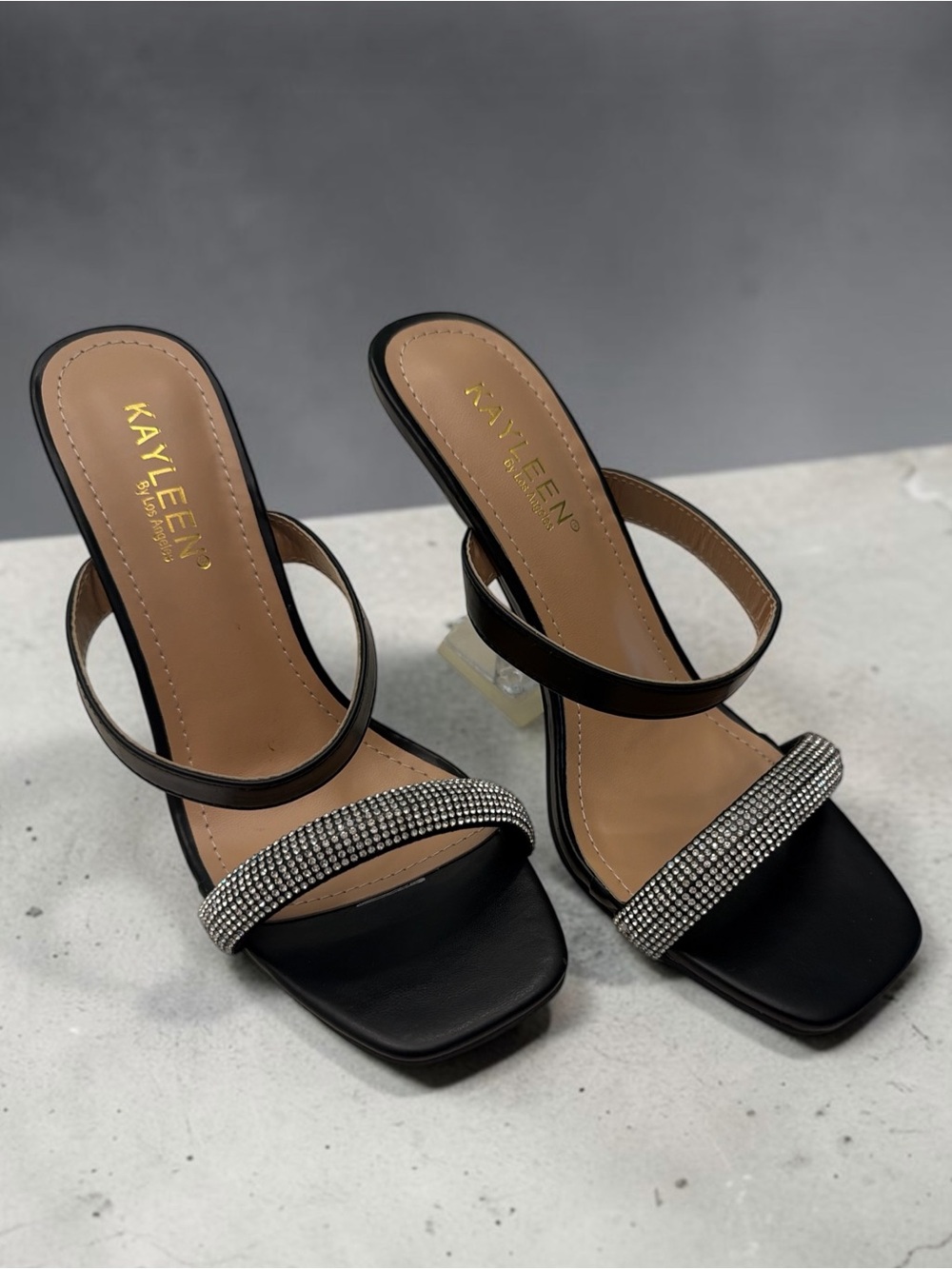 KAYLEEN By Los Angeles Black Rhinestone Strap Heels